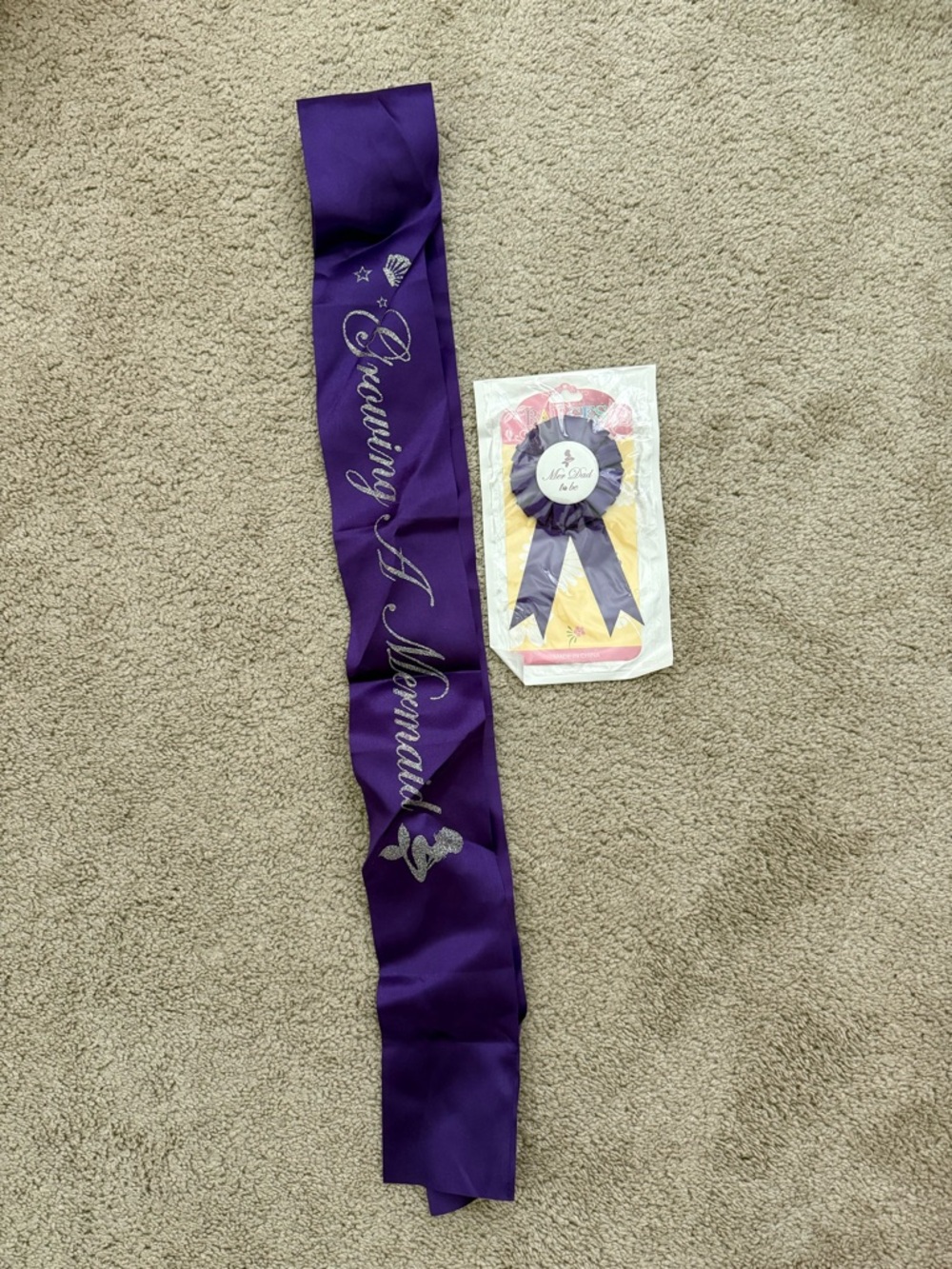 Purple 'Growing A Mermaid' Sash with Mer-Dad Ribbon Badge for baby showers